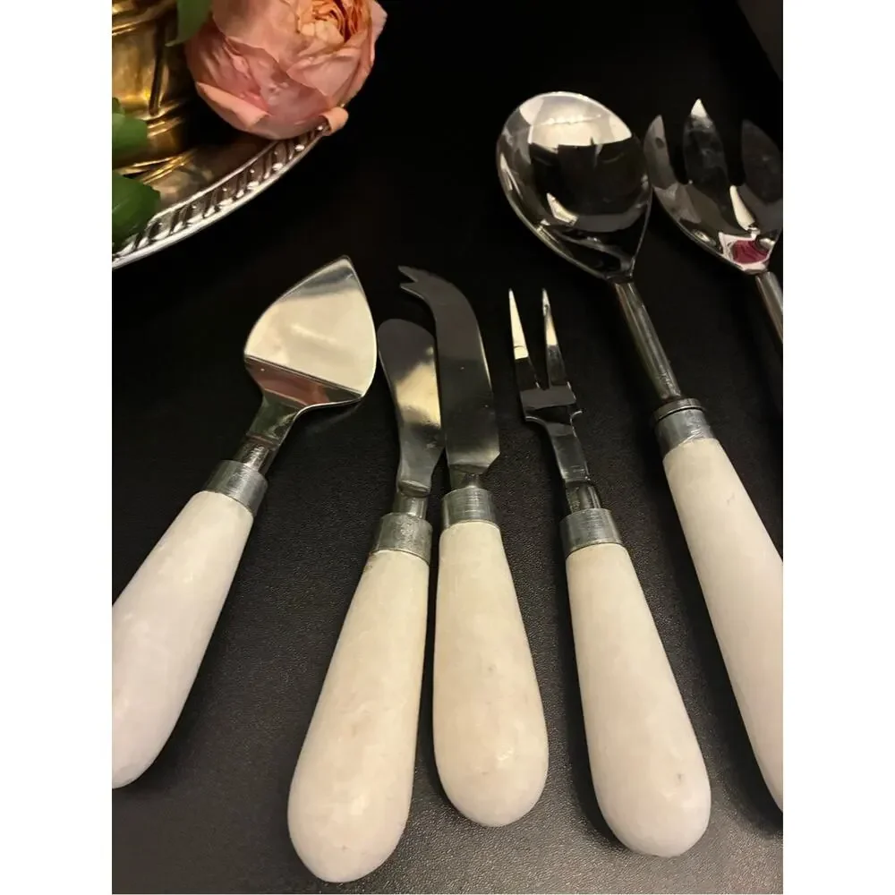Vintage Alabaster Cheese Knife & Salad Serving Set | Quiet Luxury Grandmillenial